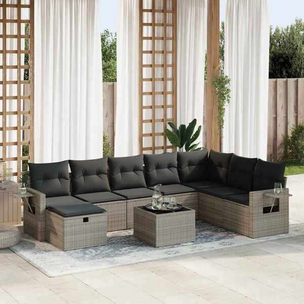 vidaXL Salon de jardin 9 pcs avec coussins gris r&eacute;sine tress&eacute;e