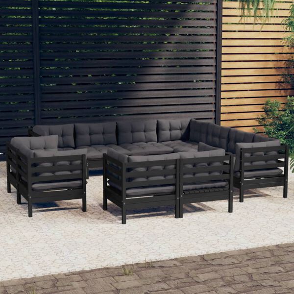 vidaXL Salon de jardin 11 pcs avec coussins Noir Bois de pin solide