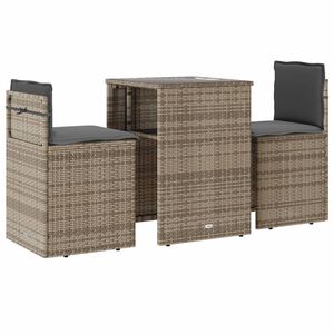 vidaXL Ensemble de bistro 3 pcs avec coussins gris r&eacute;sine tress&eacute;e