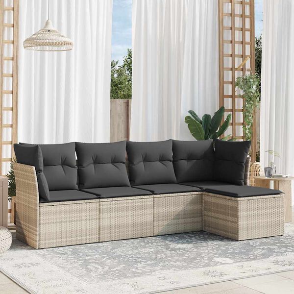 vidaXL Salon de jardin 5 pcs avec coussins gris clair r&eacute;sine tress&eacute;e