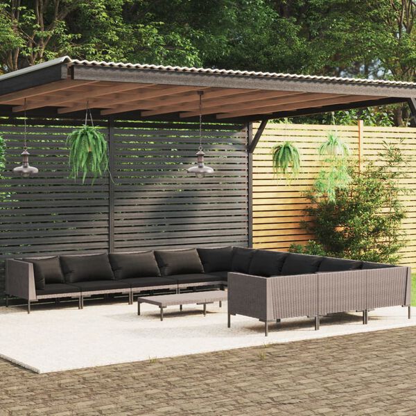 vidaXL Salon de jardin 12 pcs avec coussins Résine tressée Gris foncé