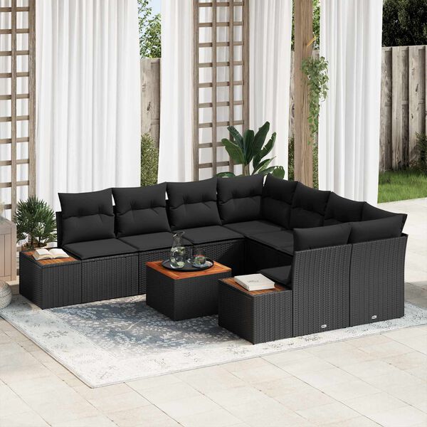 vidaXL Ensemble de canap&eacute; de jardin avec coussin 9 pcs Noir Poly rotin