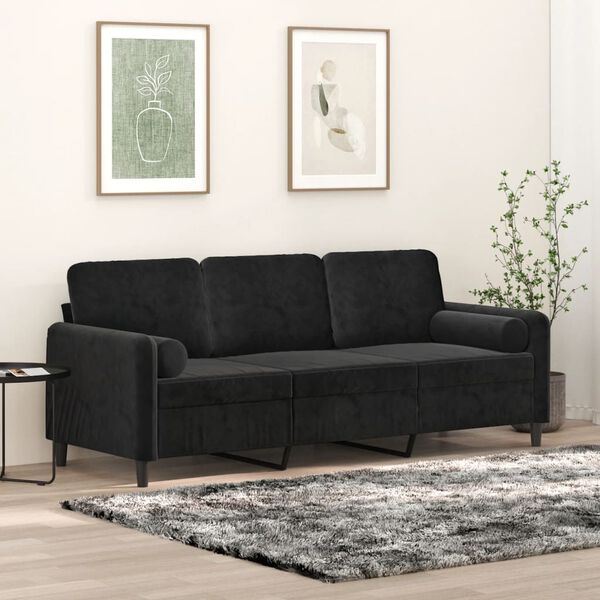 vidaXL Canap&eacute; 3 places et oreillers et coussins Noir 180 cm Velours