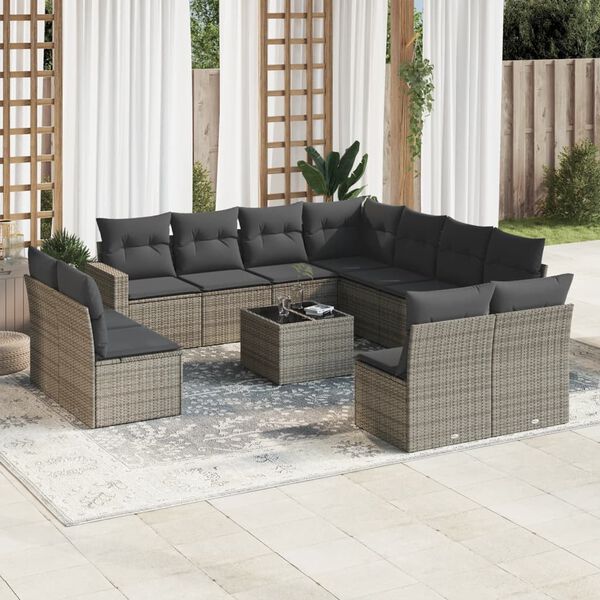 vidaXL Salon de jardin avec coussins 12 pcs gris r&eacute;sine tress&eacute;e