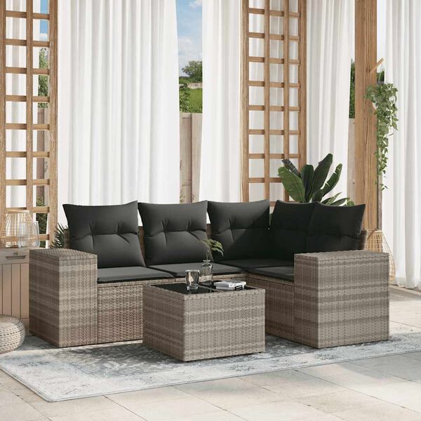 vidaXL Salon de jardin 5 pcs avec coussins gris clair r&eacute;sine tress&eacute;e
