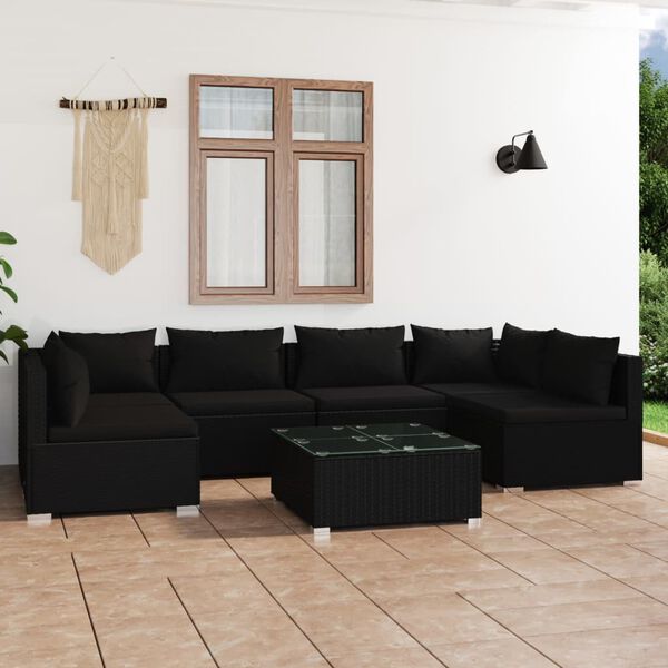 vidaXL Salon de jardin 7 pcs avec coussins R&eacute;sine tress&eacute;e Noir