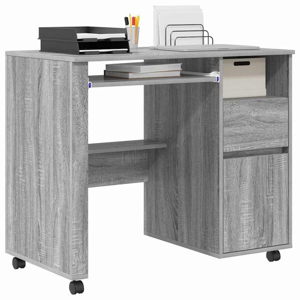 vidaXL Bureau avec roues Gris Sonoma 91 x 50 x 77 cm Bois d'ing&eacute;nierie