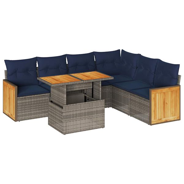 vidaXL Salon de jardin avec coussins 7 pcs gris r&eacute;sine tress&eacute;e acacia