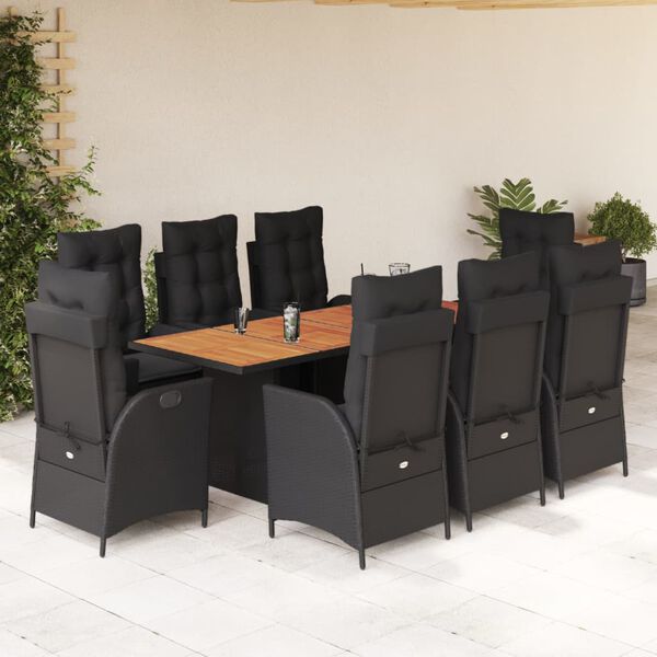 vidaXL Ensemble &agrave; manger de jardin 9pcs coussins noir r&eacute;sine tress&eacute;e