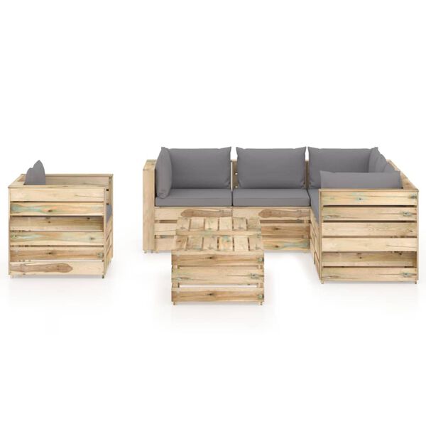 vidaXL Salon de jardin 8 pcs avec coussins Bois impr&eacute;gn&eacute; de vert