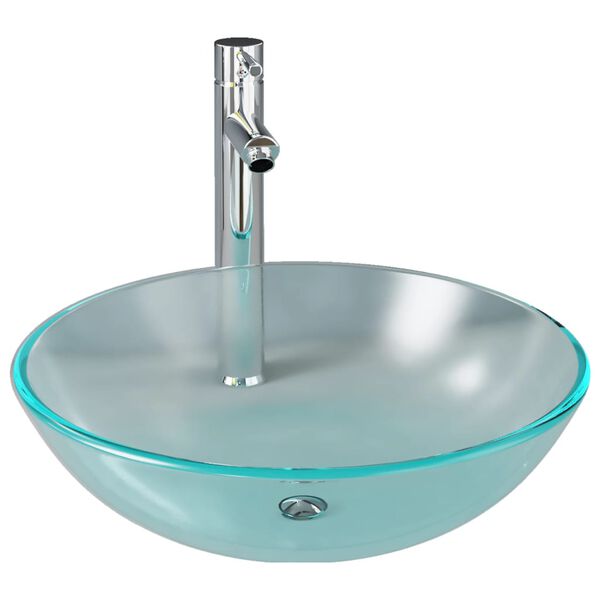 vidaXL Lavabo de bain avec robinet et drain &agrave; poussoir Verre tremp&eacute;