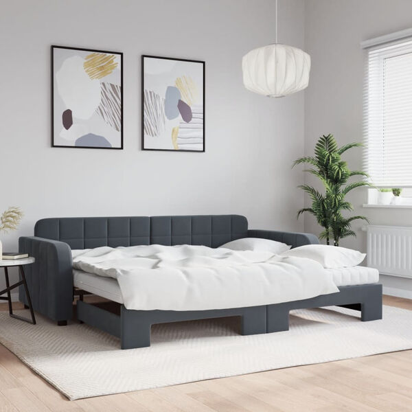 vidaXL Lit de jour avec gigogne et matelas gris fonc&eacute; 90x190cm velours