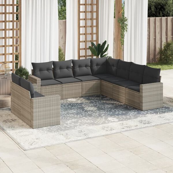 vidaXL Salon de jardin 9 pcs avec coussins gris clair r&eacute;sine tress&eacute;e