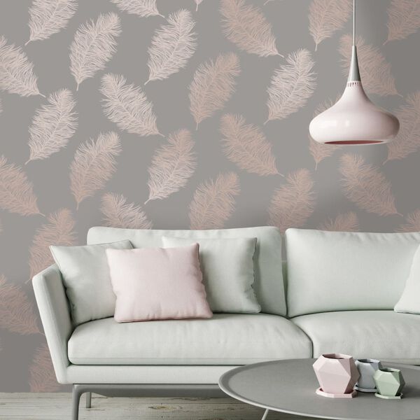 DUTCH WALLCOVERINGS Papier peint Fawning Feather Gris et dor&eacute; rose