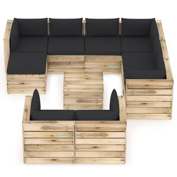 vidaXL Salon de jardin 10 pcs avec coussins Bois impr&eacute;gn&eacute; de vert