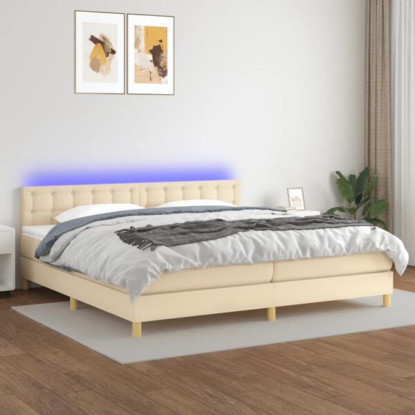 vidaXL Sommier &agrave; lattes de lit et matelas et LED Cr&egrave;me 200x200cm Tissu