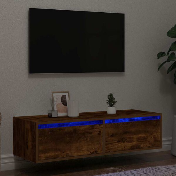 vidaXL Meuble TV avec lumi&egrave;res LED ch&ecirc;ne fum&eacute; 100X35,5x25 cm