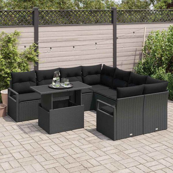 vidaXL Ensemble de canap&eacute; de jardin avec coussin 9 pcs Noir polyrotin