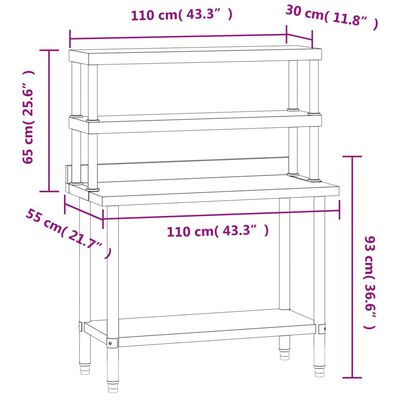 vidaXL Table de travail de cuisine avec étagère 110x55x150 cm inox