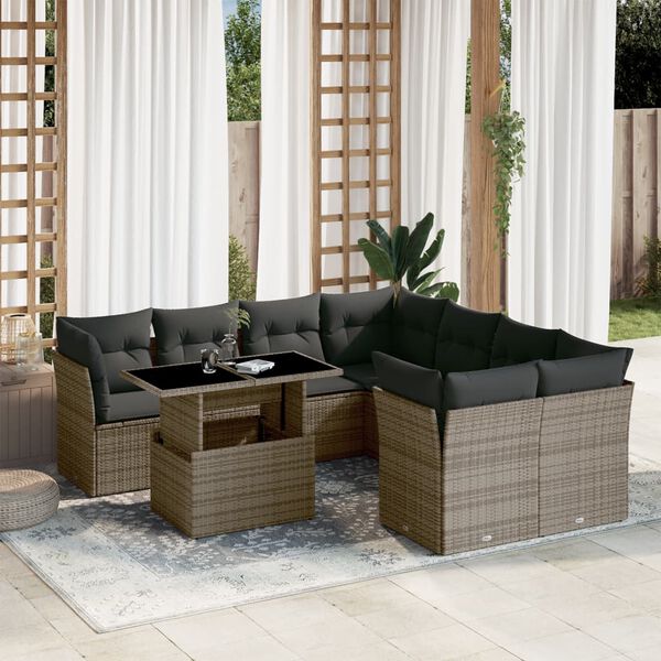 vidaXL Salon de jardin 9 pcs avec coussins gris r&eacute;sine tress&eacute;e