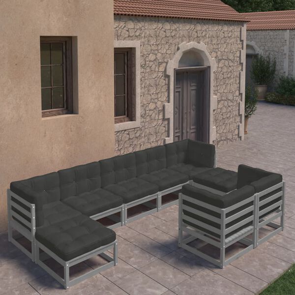 vidaXL Salon de jardin 9 pcs avec coussins Gris Bois de pin massif