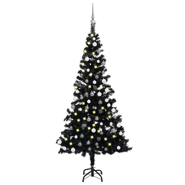 vidaXL Arbre de No&euml;l artificiel pr&eacute;-&eacute;clair&eacute; et boules noir 180 cm PVC