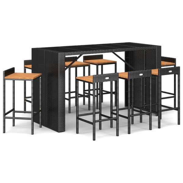 vidaXL Ensemble de bar jardin 9 pcs noir poly rotin/bois massif acacia