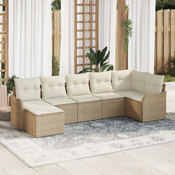 vidaXL Ensemble de canap&eacute; de jardin 7 pcs Beige et blanc Poly rotin