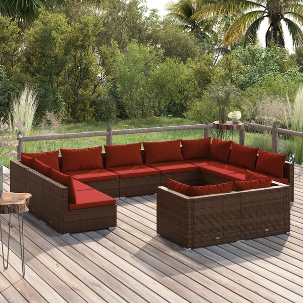 vidaXL Salon de jardin 11 pcs avec coussins marron résine tressée