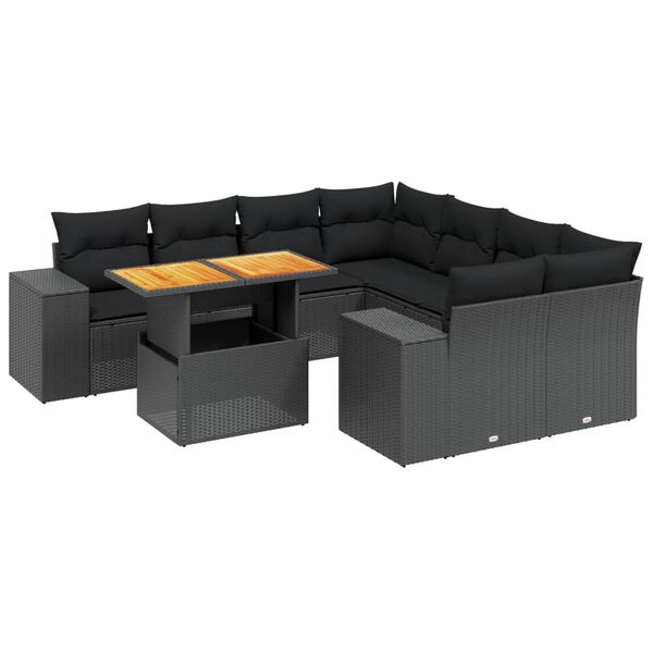 vidaXL Salon de jardin 9 pcs avec coussins noir r&eacute;sine tress&eacute;e