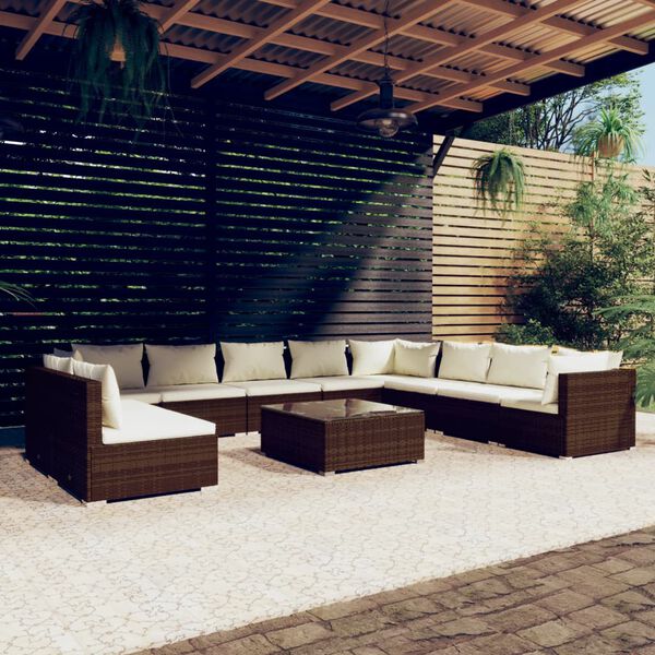 vidaXL Salon de jardin 11 pcs avec coussins marron r&eacute;sine tress&eacute;e