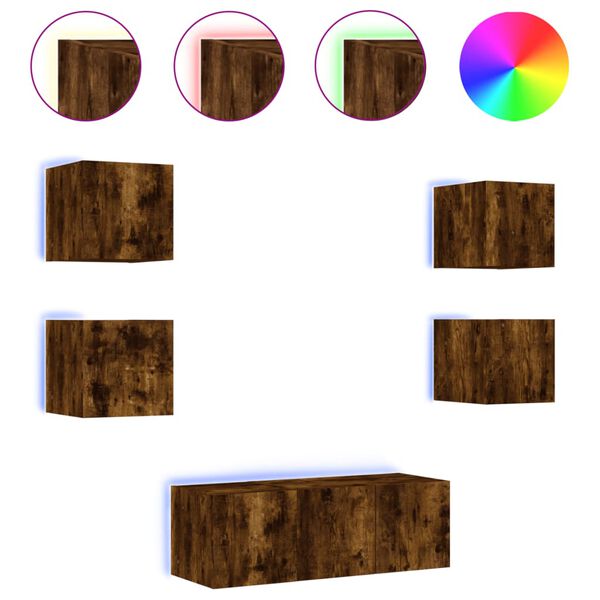 vidaXL Unit&eacute;s murales TV avec LED 6 pcs ch&ecirc;ne fum&eacute; bois d'ing&eacute;nierie