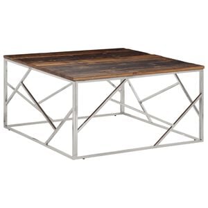 vidaXL Table basse argent&eacute; acier inoxydable et bois de m&eacute;l&egrave;ze massif