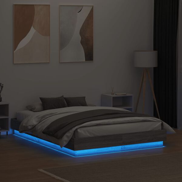 vidaXL Cadre de lit avec LED sans matelas sonoma gris 135x190 cm
