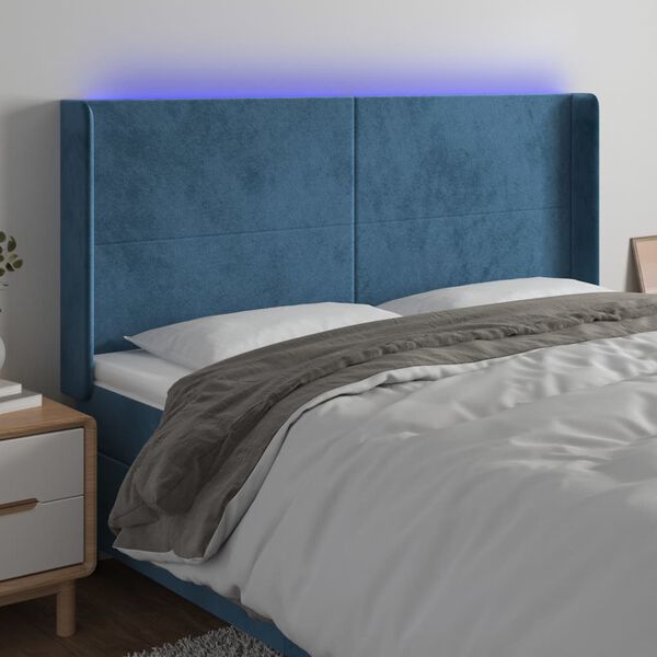 vidaXL T&ecirc;te de lit &agrave; LED Bleu fonc&eacute; 163x16x118/128 cm Velours