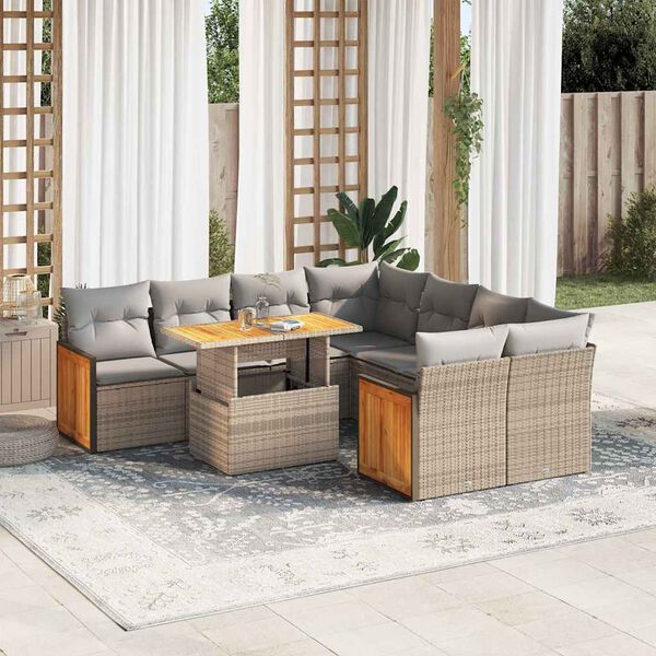 vidaXL Salon de jardin avec coussins 9 pcs beige r&eacute;sine tress&eacute;e acacia