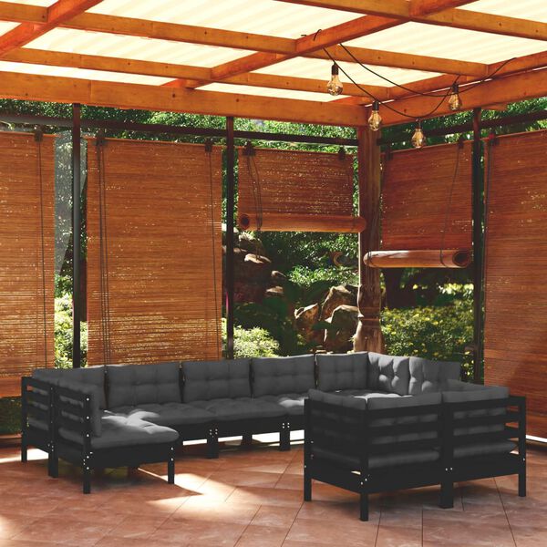 vidaXL Salon de jardin 9 pcs avec coussins Noir Bois de pin massif