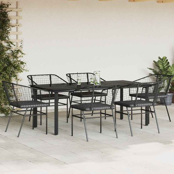 vidaXL Ensemble &agrave; manger de jardin coussins 7pcs noir poly rotin verre
