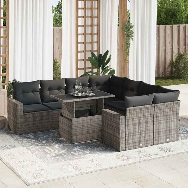vidaXL Salon de jardin 9 pcs avec coussins gris r&eacute;sine tress&eacute;e