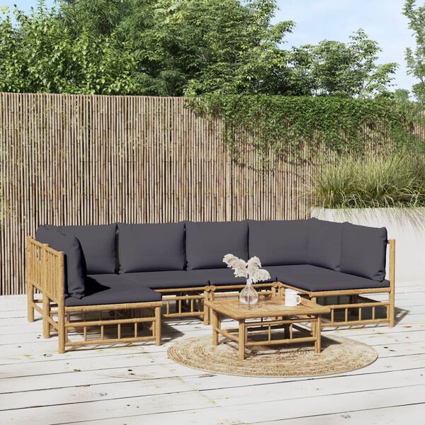 vidaXL Salon de jardin 7 pcs avec coussins gris fonc&eacute; bambou