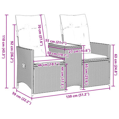 vidaXL Canapé de jardin inclinable 2 places avec table beige rotin