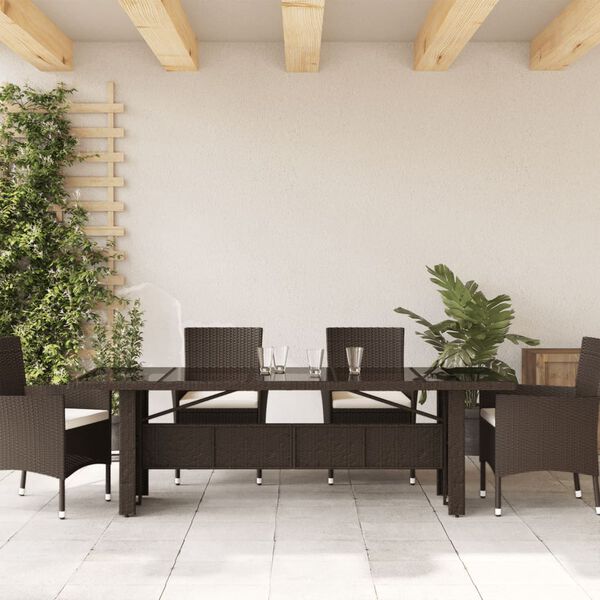 vidaXL Table de jardin avec dessus en verre marron r&eacute;sine tress&eacute;e