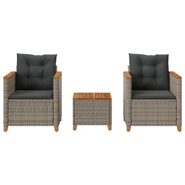 vidaXL Ensemble de bistro 3 pcs et coussins gris résine tressée acacia