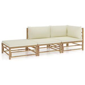 vidaXL Salon de jardin 3 pcs avec coussins blanc cr&egrave;me bambou
