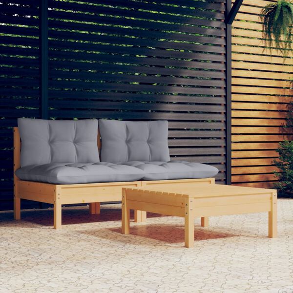 vidaXL Salon de jardin 3 pcs avec coussins gris Bois de pin