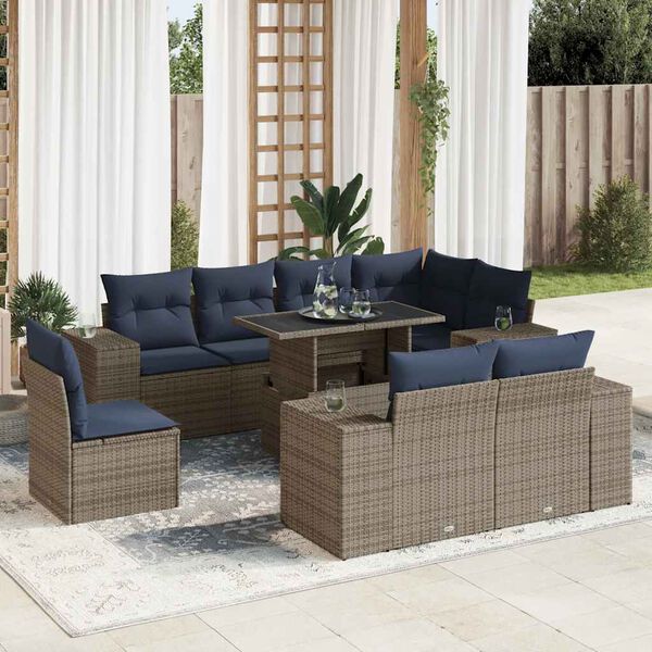 vidaXL Salon de jardin avec coussins 9 pcs gris résine tressée acacia