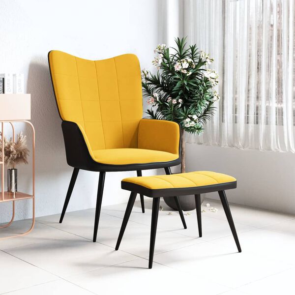 vidaXL Chaise de relaxation et tabouret Jaune moutarde Velours et PVC