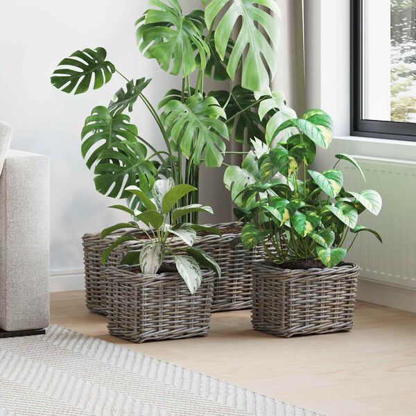 vidaXL Panier de plantation avec stockage 3 pcs Gris Rattan Kubu