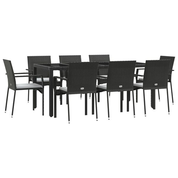 vidaXL Ensemble &agrave; manger jardin 9pcs et coussins noir r&eacute;sine tress&eacute;e