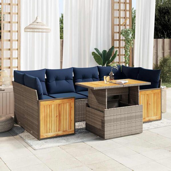 vidaXL Salon de jardin avec coussins 7 pcs gris r&eacute;sine tress&eacute;e acacia